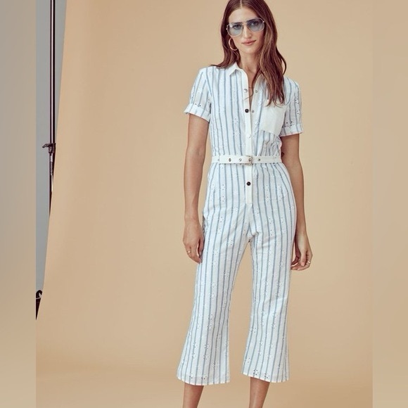 For Love & Lemons Hermosa Eyelet Jumpsuit Blue stripe Women's‎ Size small - Picture 1 of 12